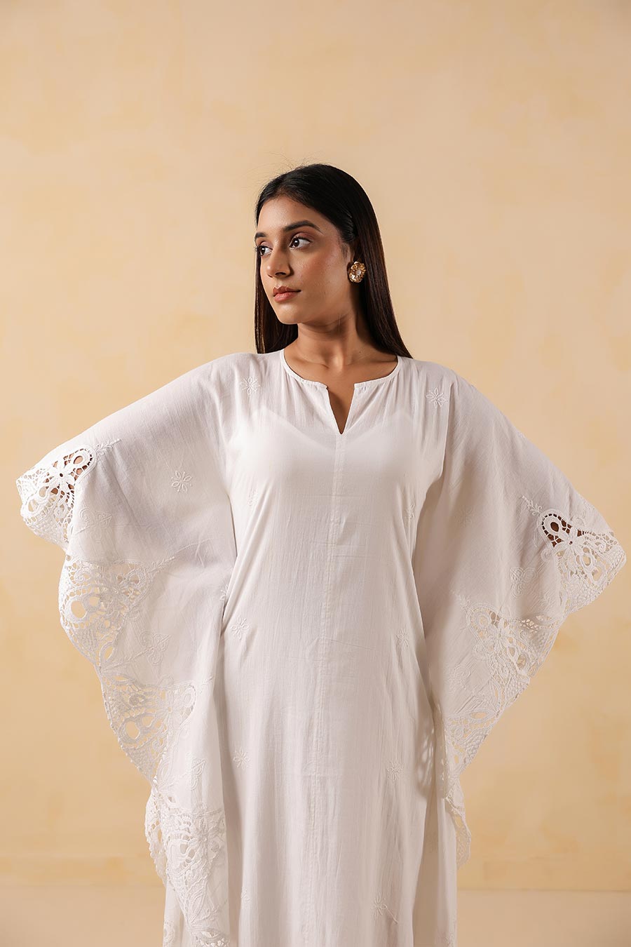 White Cotton Embroidered Kaftan Dress