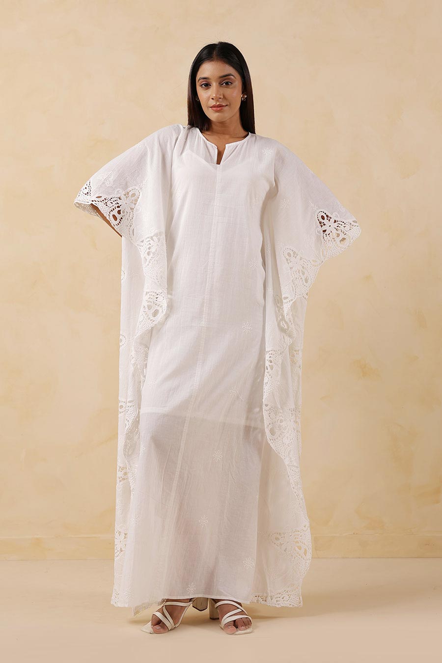 White Cotton Embroidered Kaftan Dress