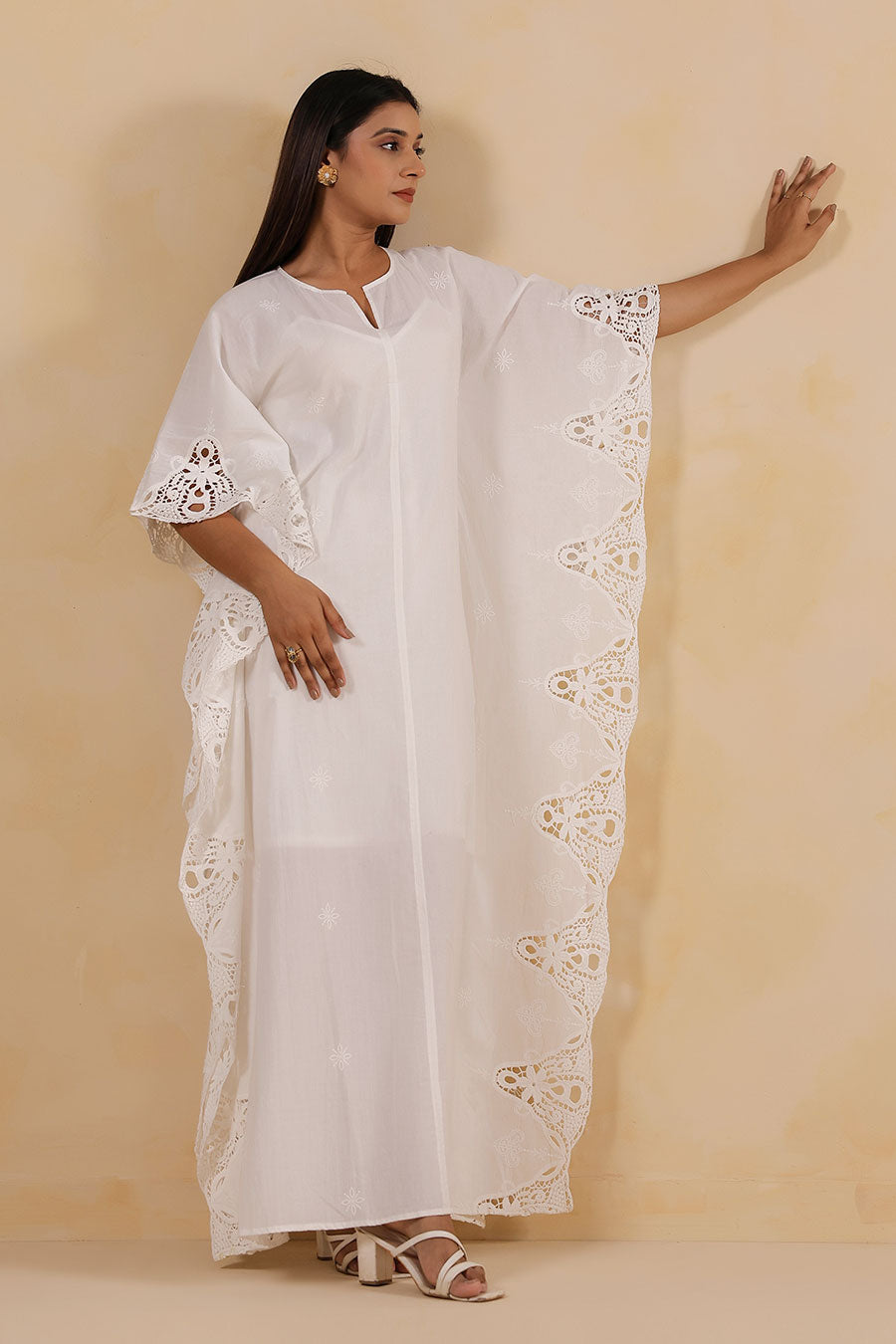 White Cotton Embroidered Kaftan Dress