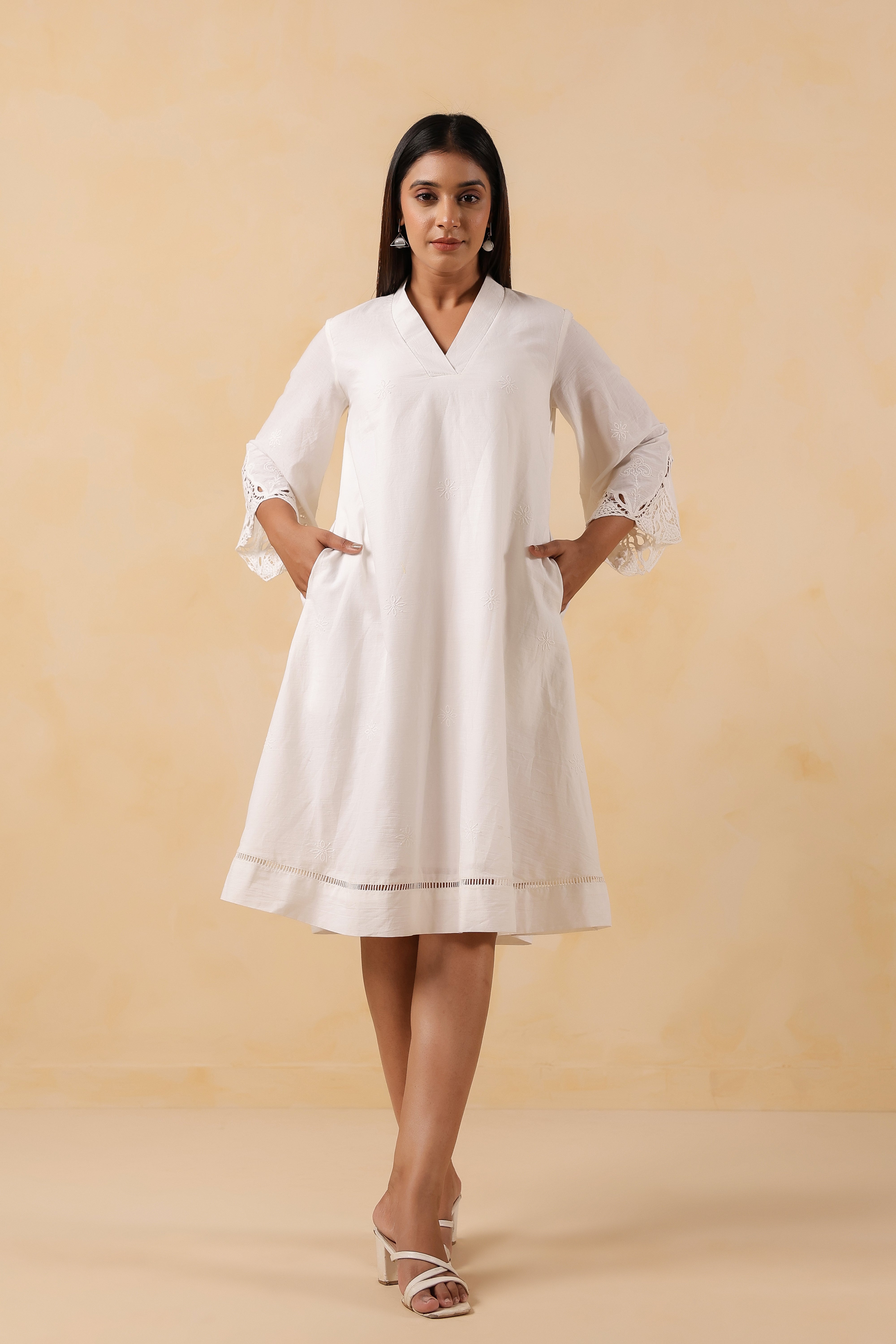 White Cotton Embroidered Midi Dress