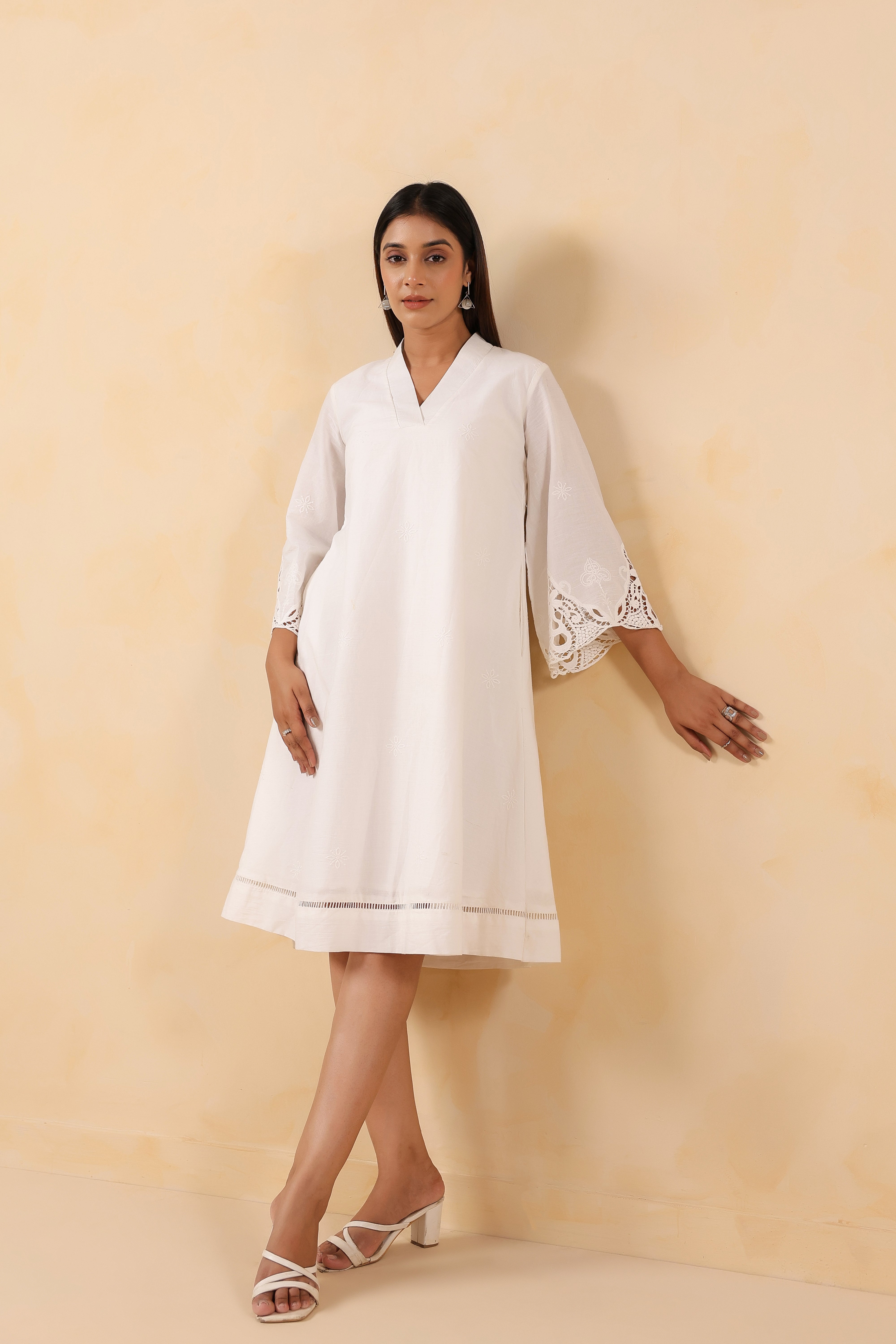 White Cotton Embroidered Midi Dress