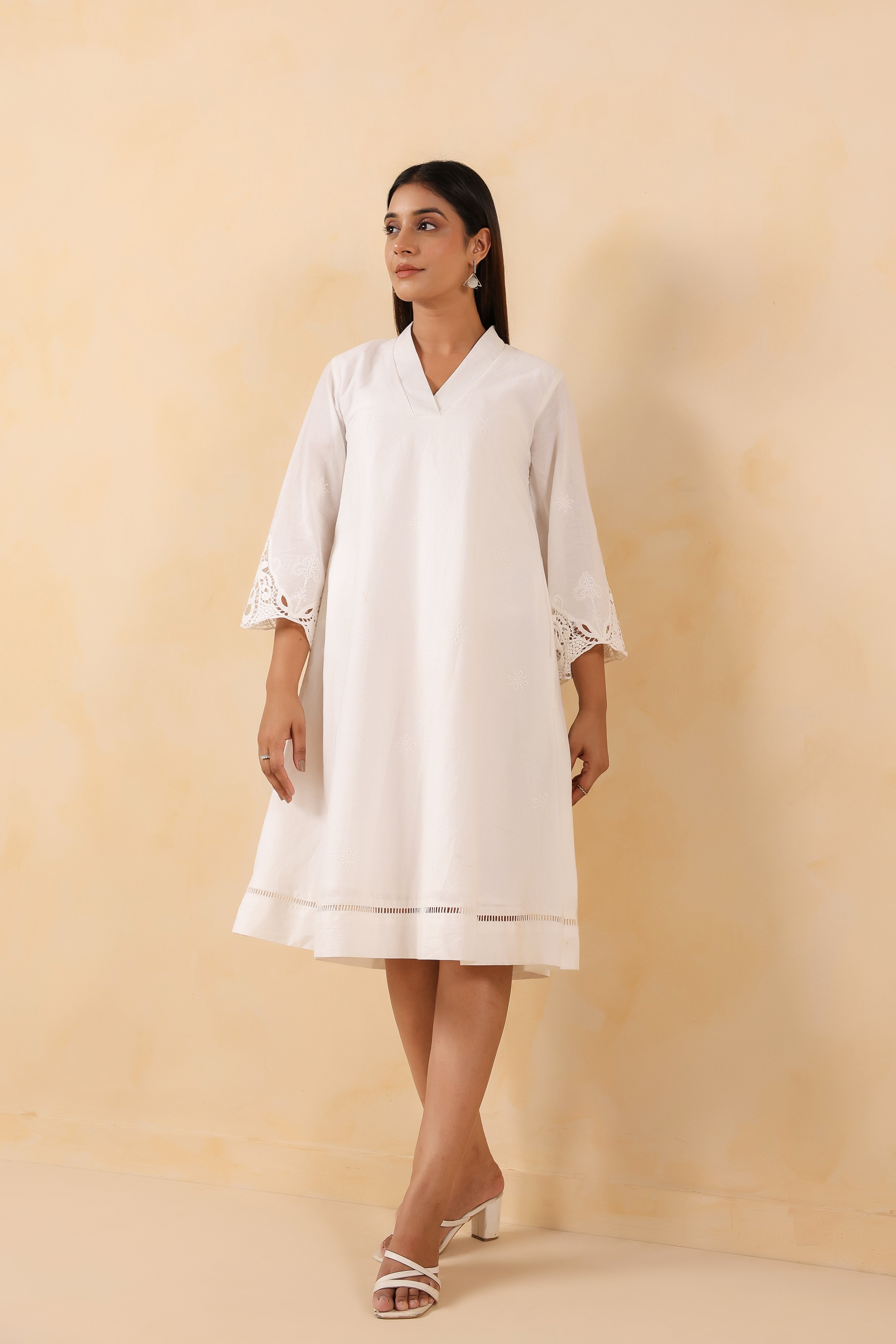 White Cotton Embroidered Midi Dress