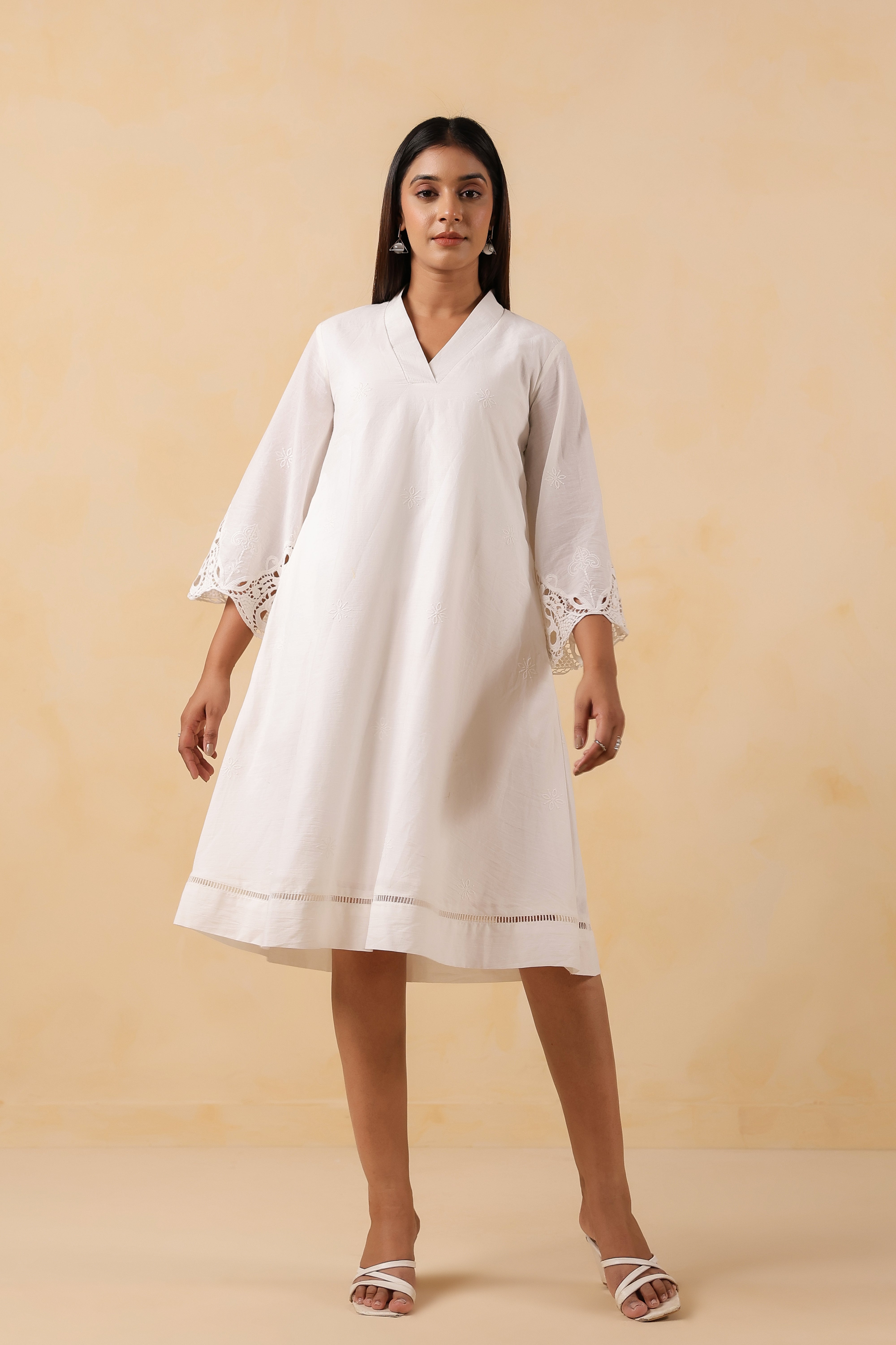 White Cotton Embroidered Midi Dress