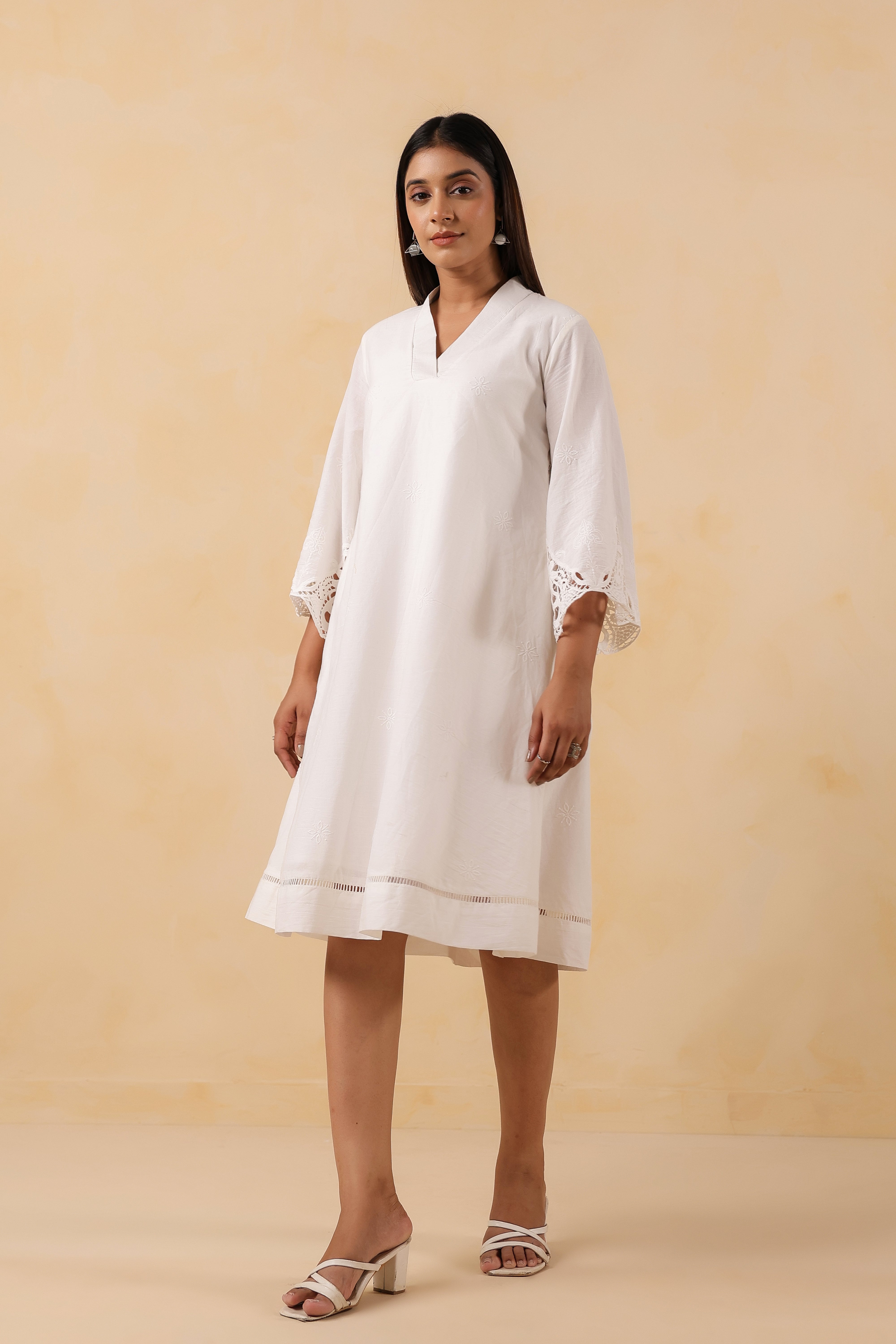 White Cotton Embroidered Midi Dress