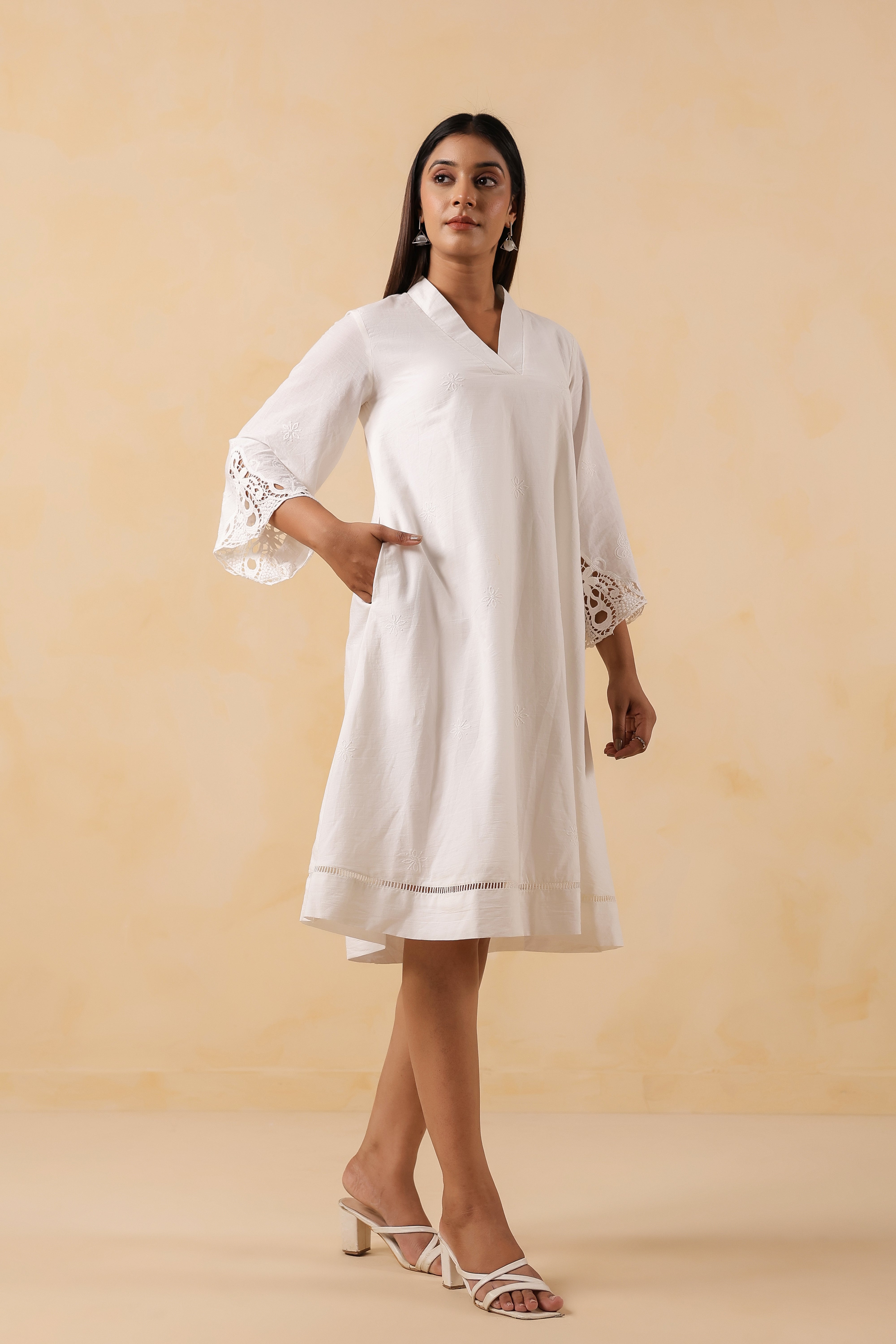 White Cotton Embroidered Midi Dress