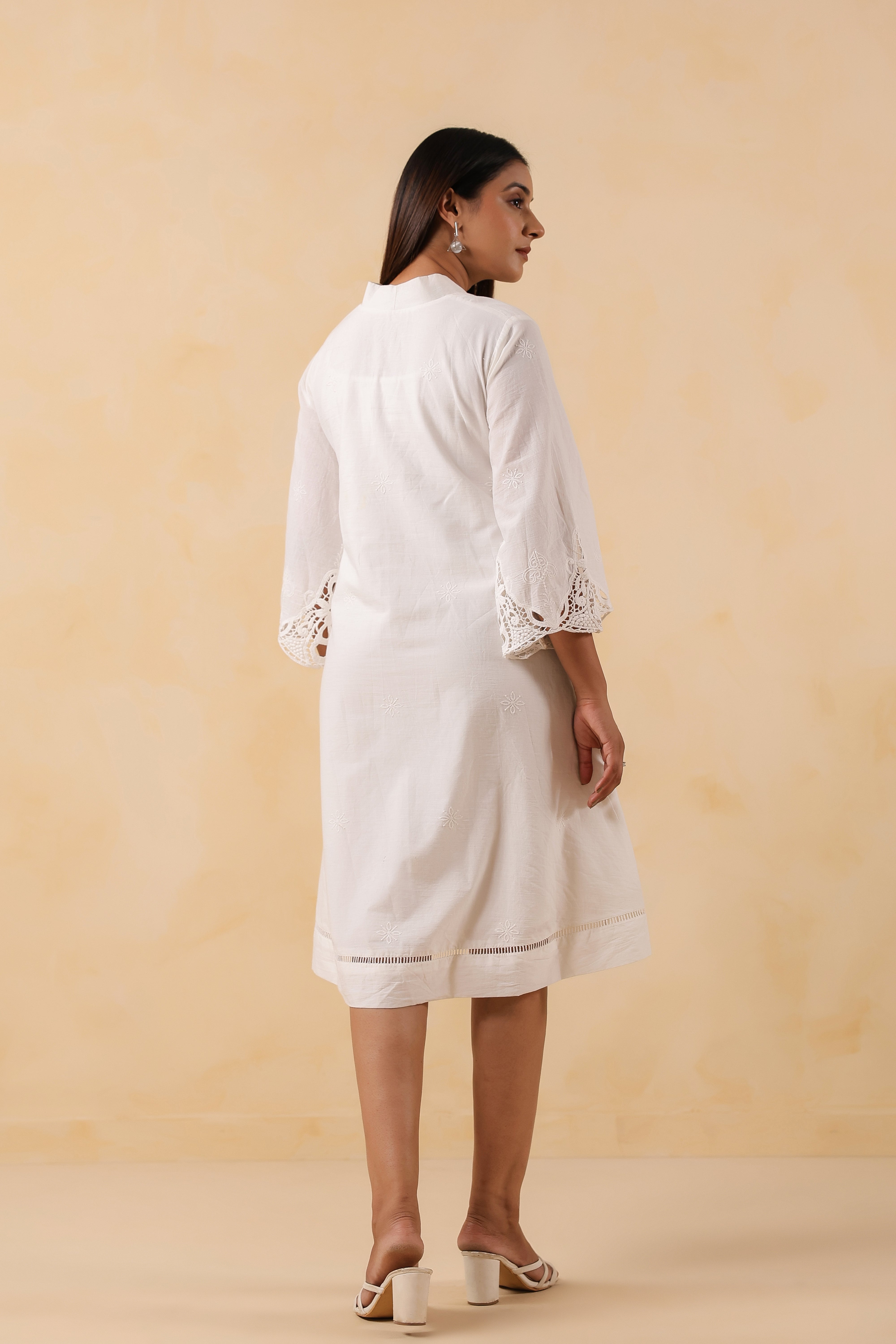 White Cotton Embroidered Midi Dress