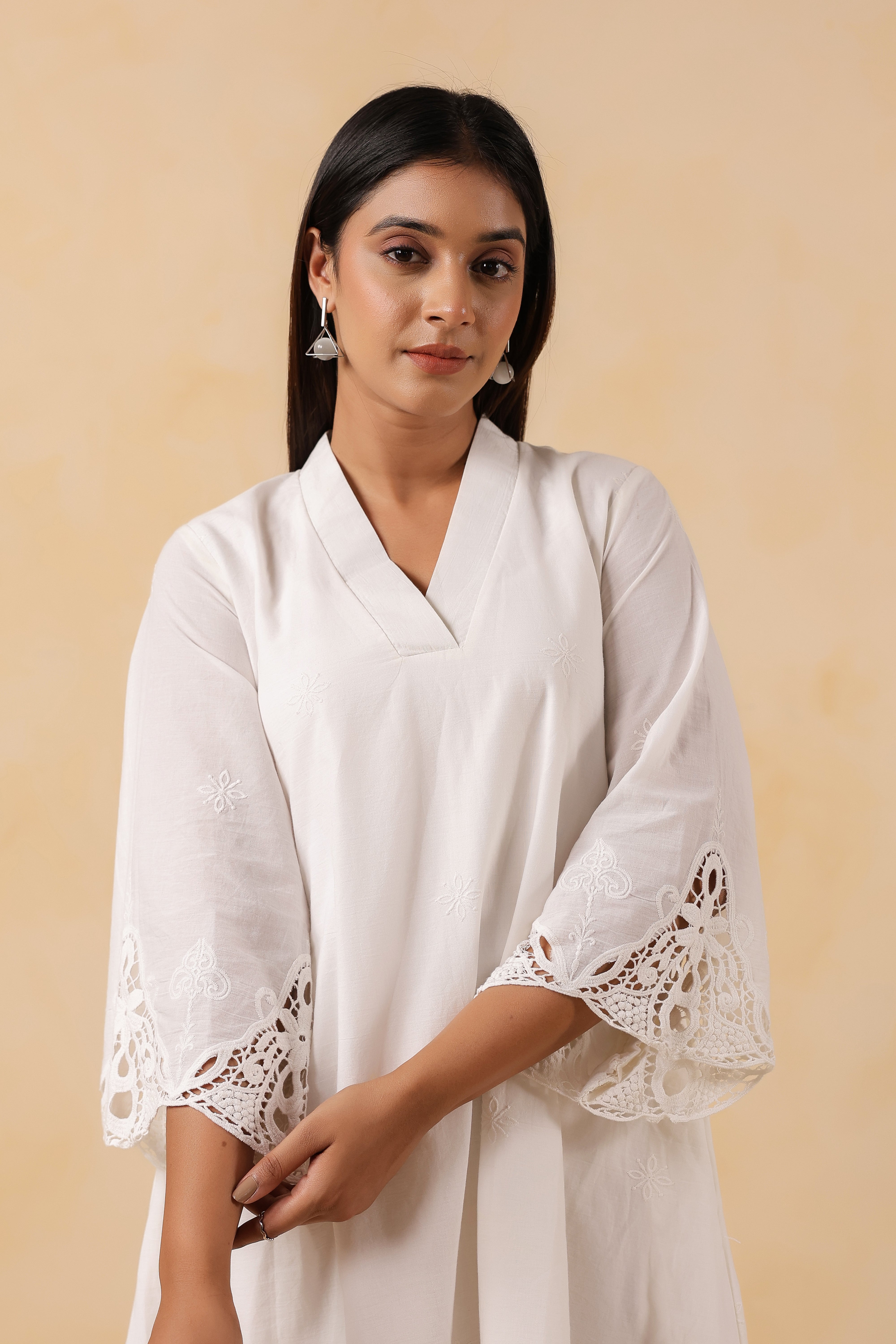 White Cotton Embroidered Midi Dress