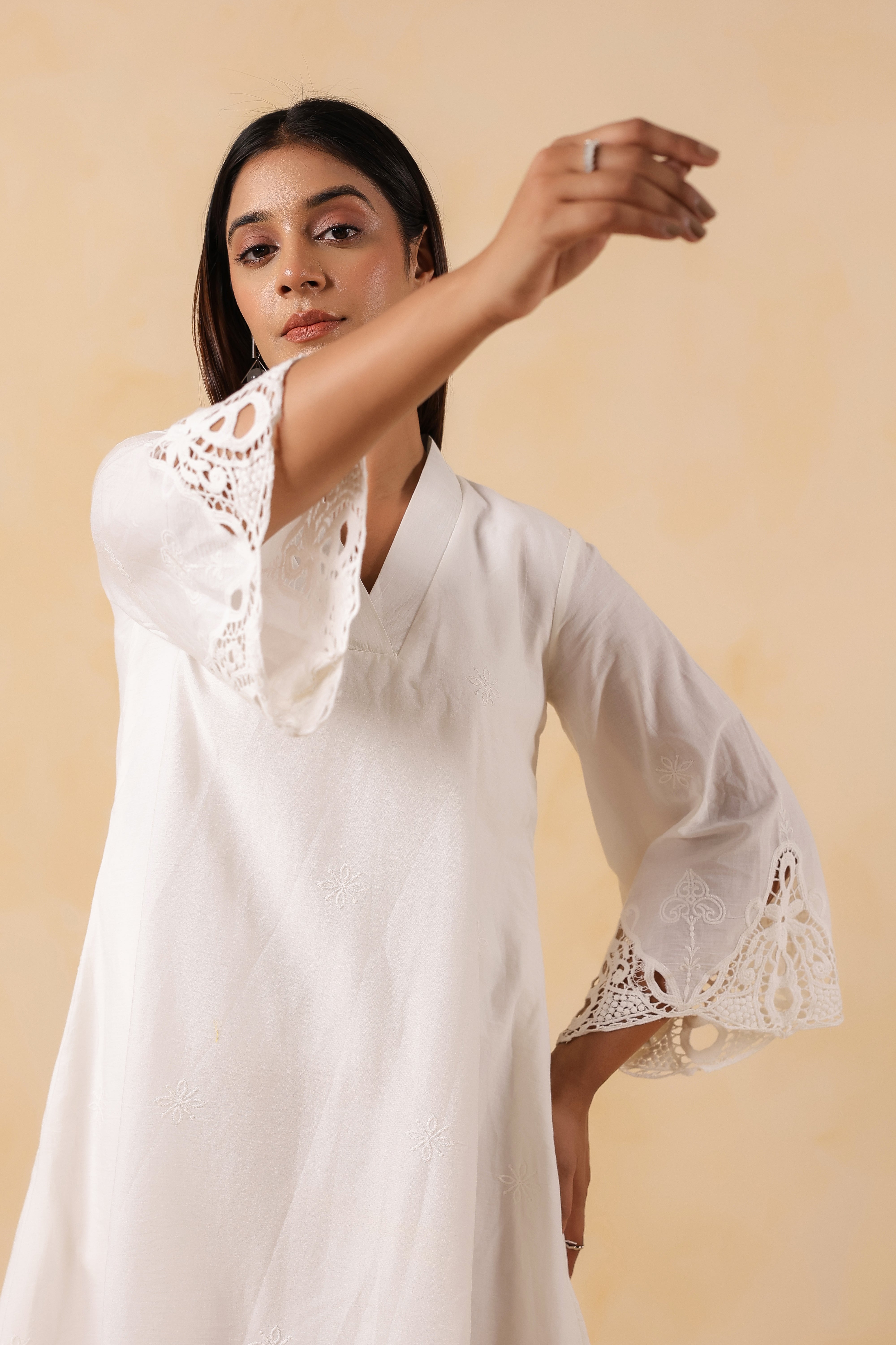 White Cotton Embroidered Midi Dress