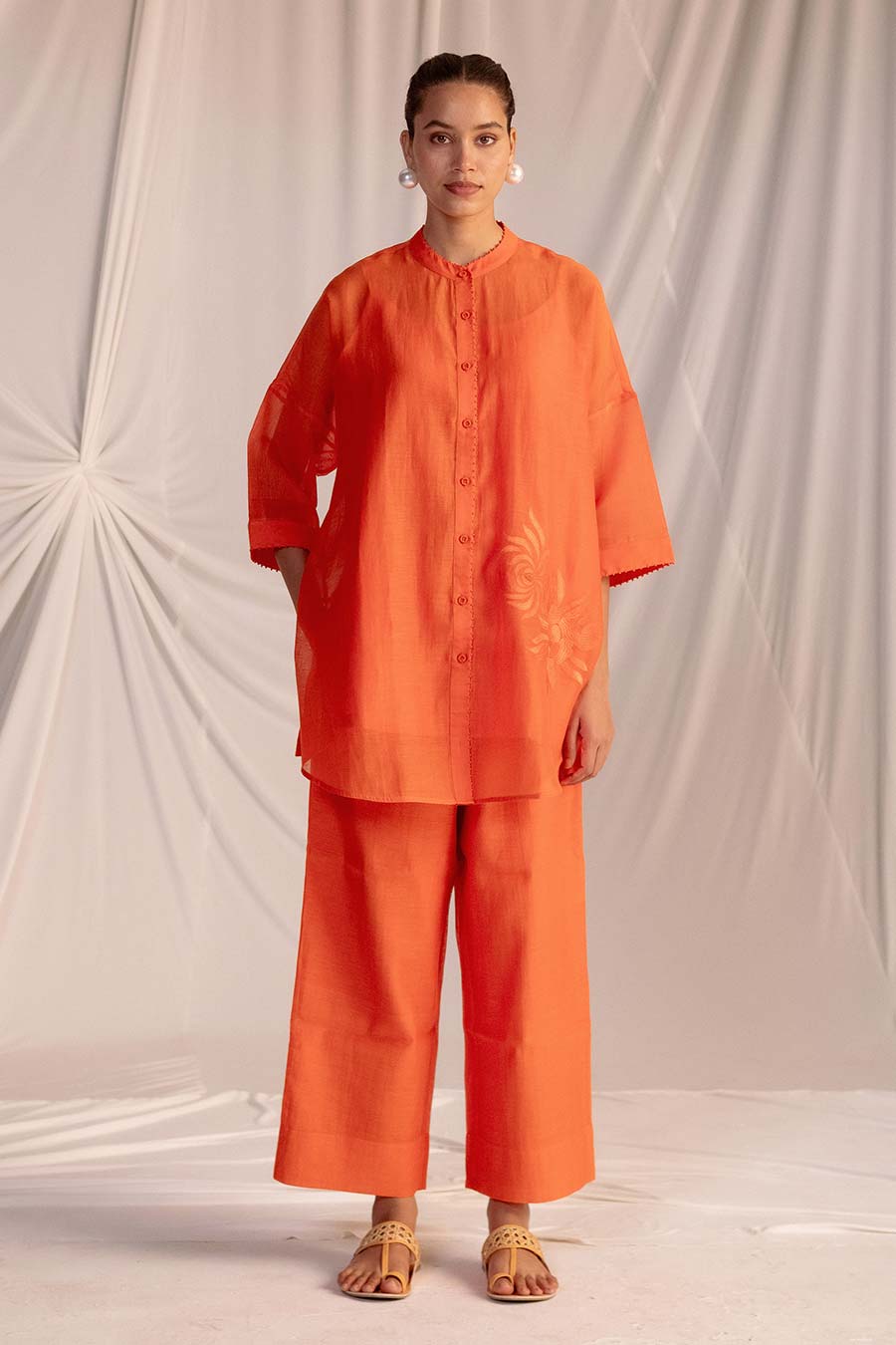 Rust Orange Embroidered Tunic & Pant Set