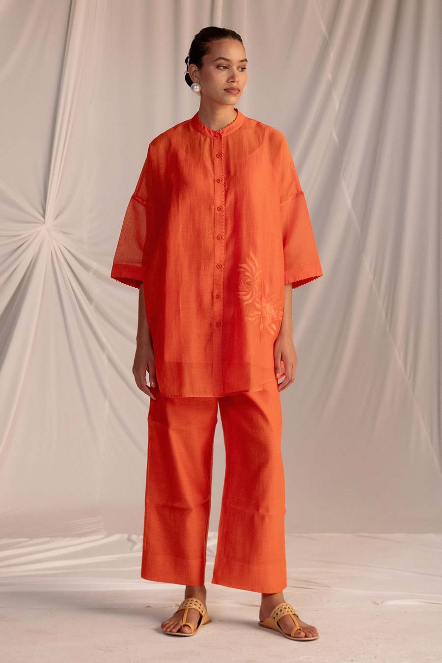 Rust Orange Embroidered Tunic & Pant Set
