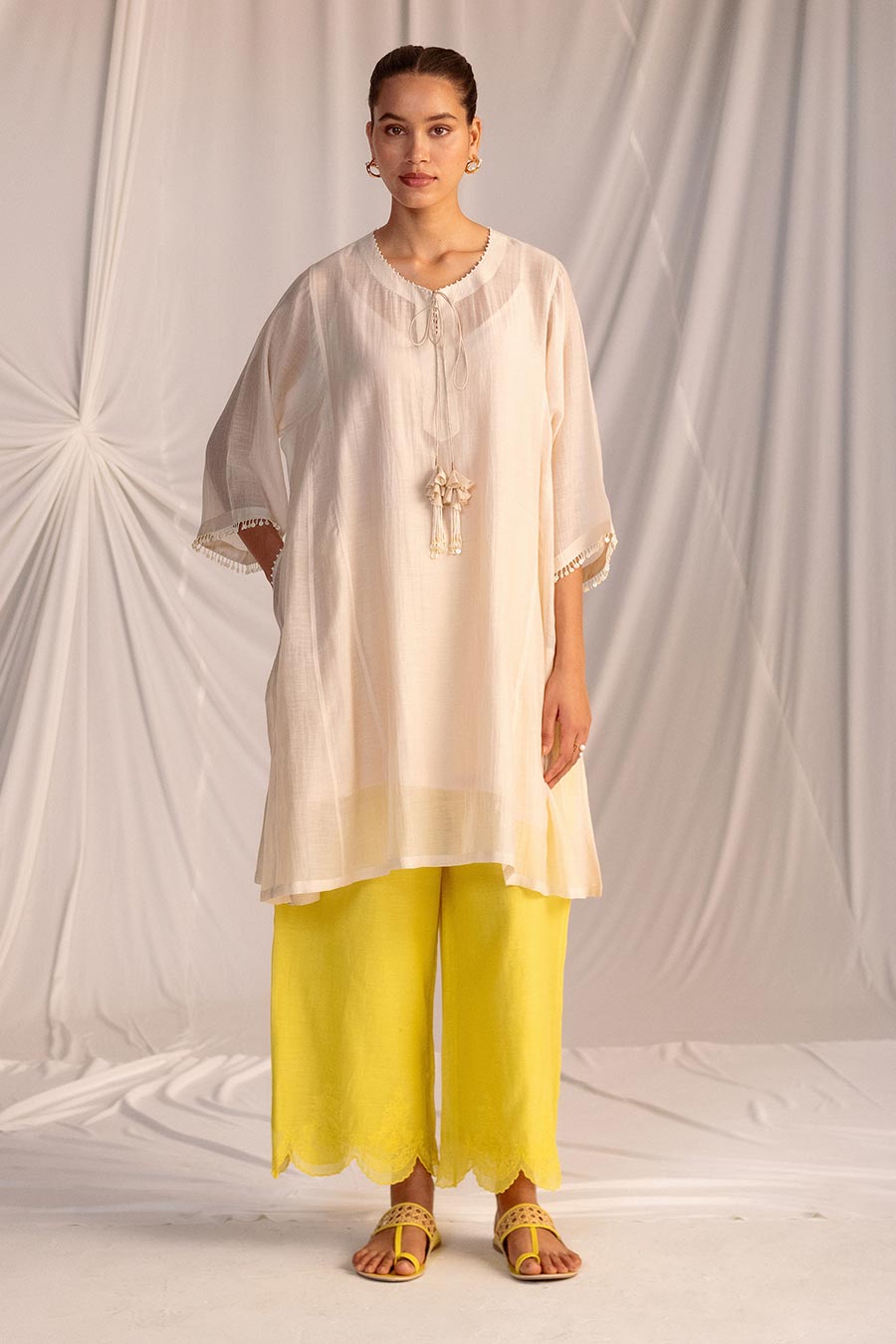 Off-White & Lime Yellow Embroidered Tunic with Pant Set