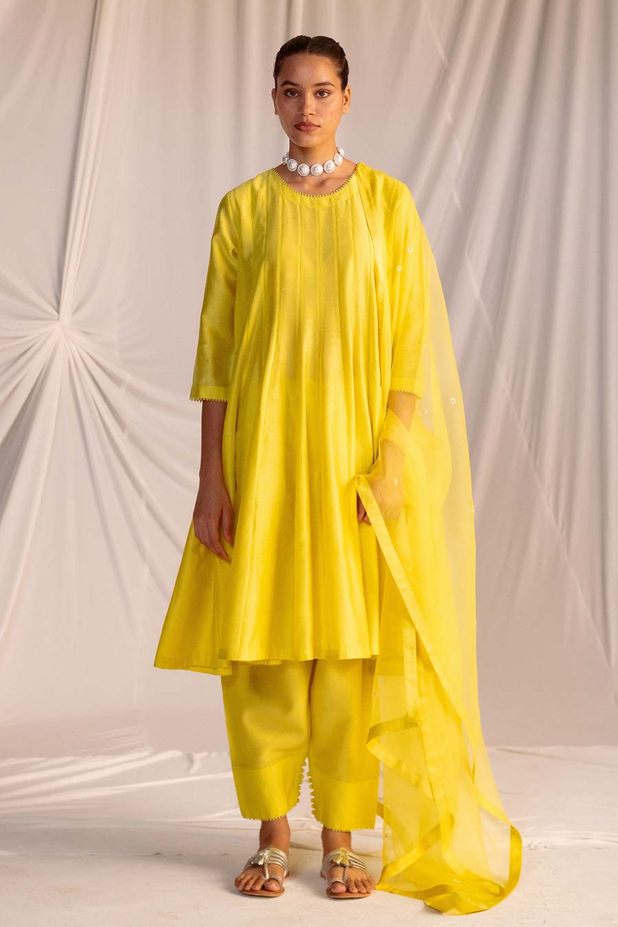 Lime Yellow Embroidered Anarkali & Pant Set