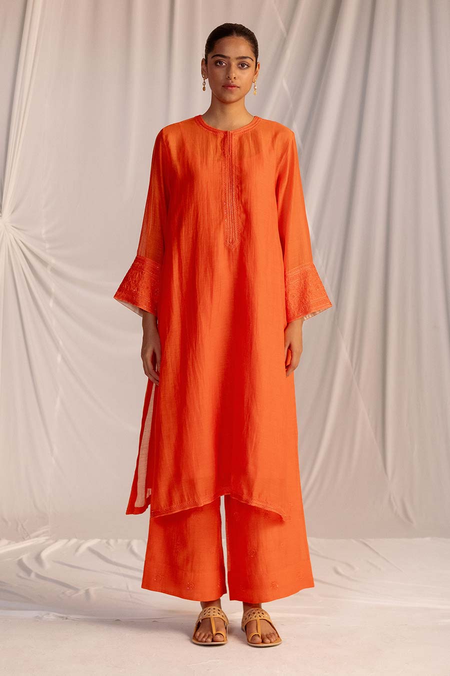 Rust Orange Embroidered Kurta & Pant Set