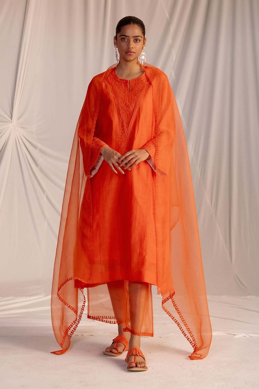 Rust Orange Embroidered Kurta & Pant Set