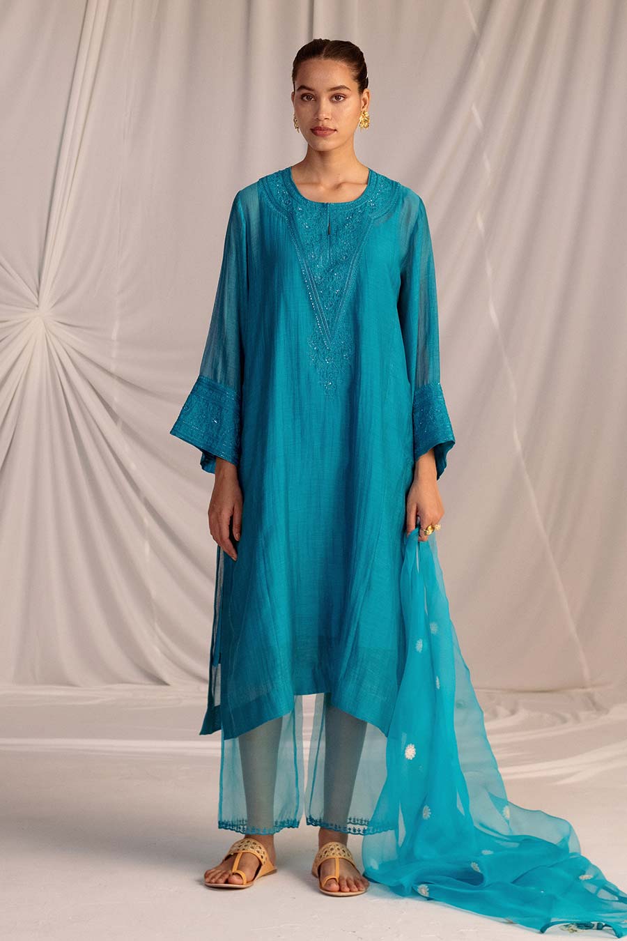 Turquois Blue Embroidered Kurta & Pant Set
