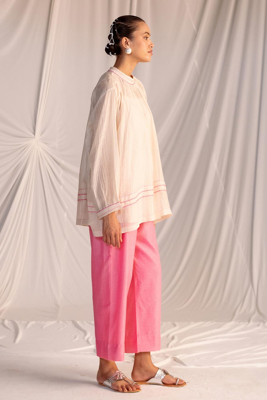 Off-White & Pink Gathered Tunic & Pant Set