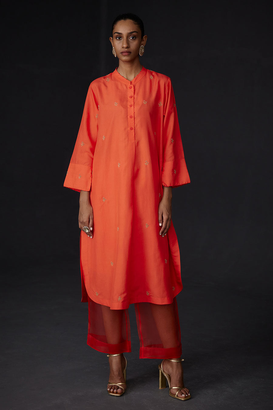 Scarlet Red Embroidered Kurta & Net Border Pant Set