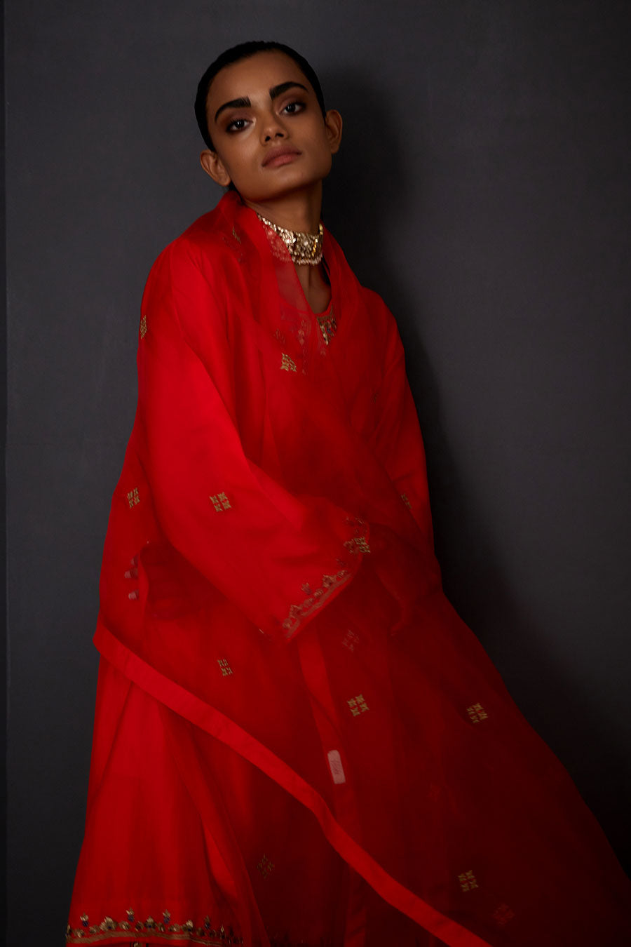 Scarlet Red Embroidered Dupatta