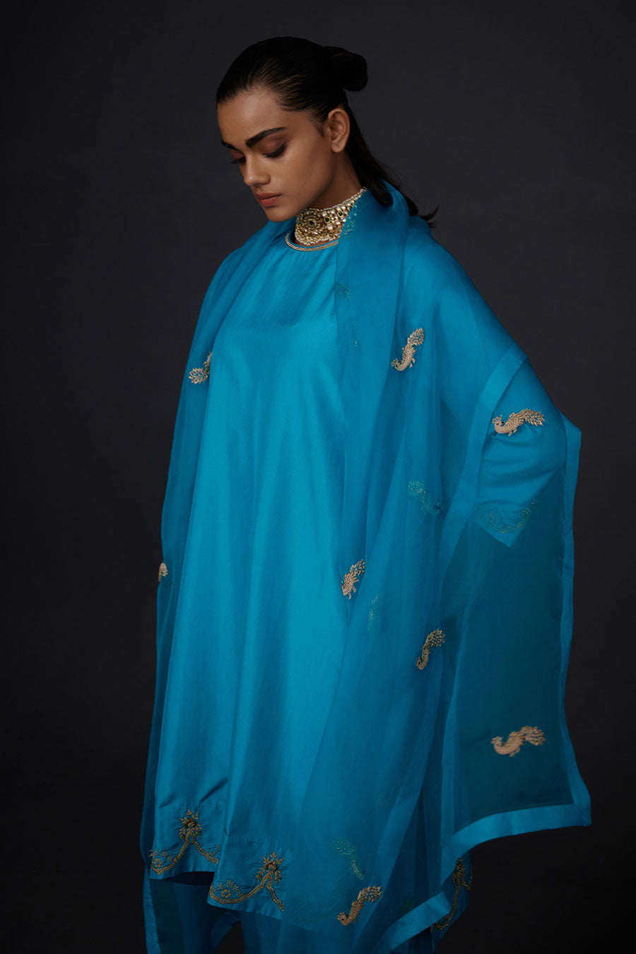 Turquoise Blue Embroidered Dupatta