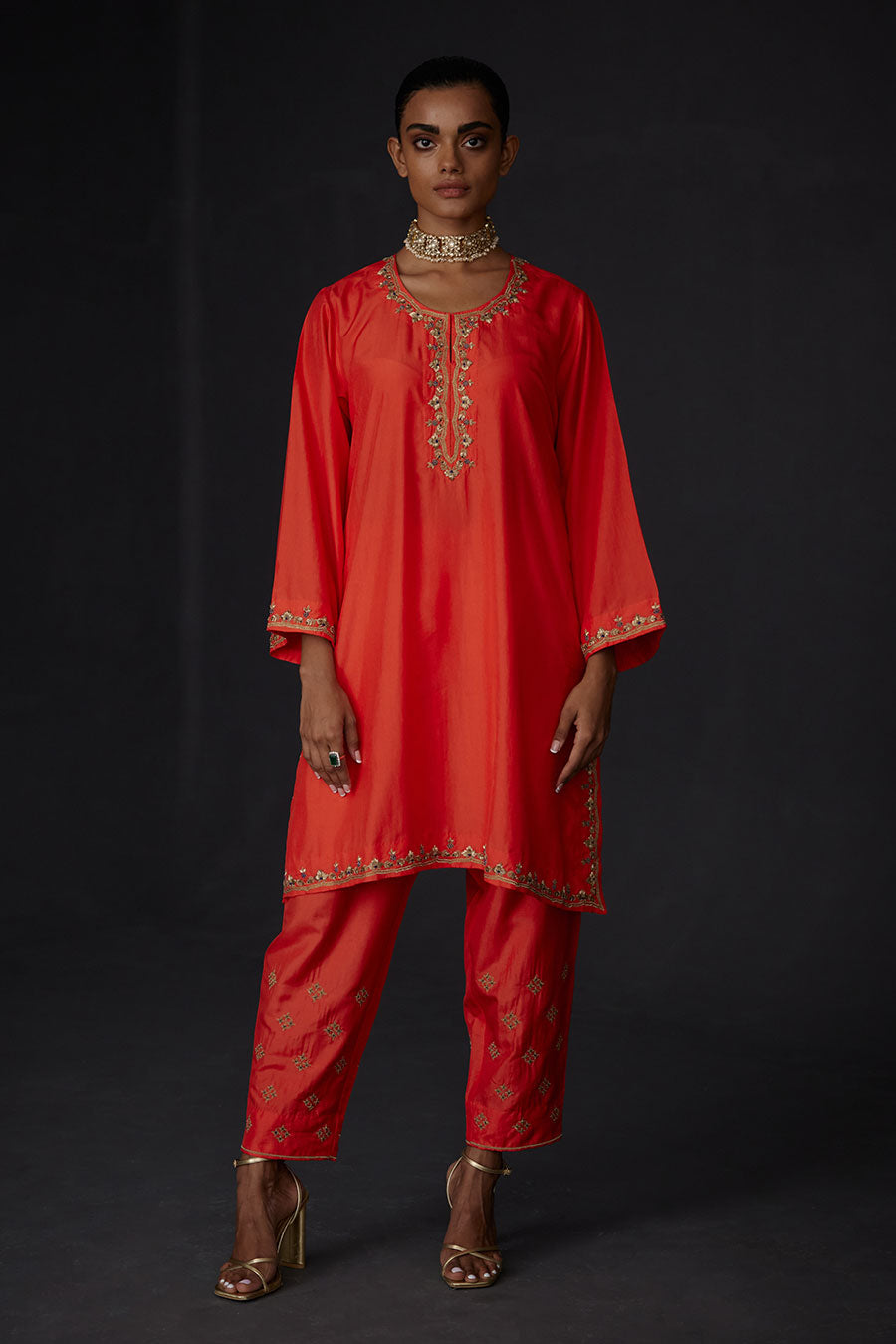 Scarlet Red Embroidered Kurta & Pant Set