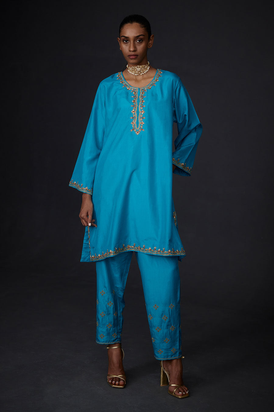 Turquoise Blue Embroidered Kurta & Pant Set