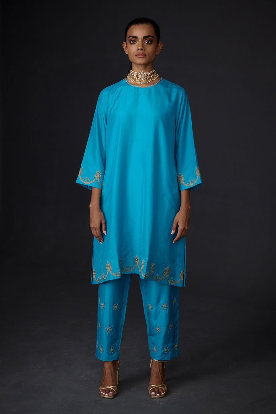 Turquoise Blue Embroidered Kurta & Pant Set