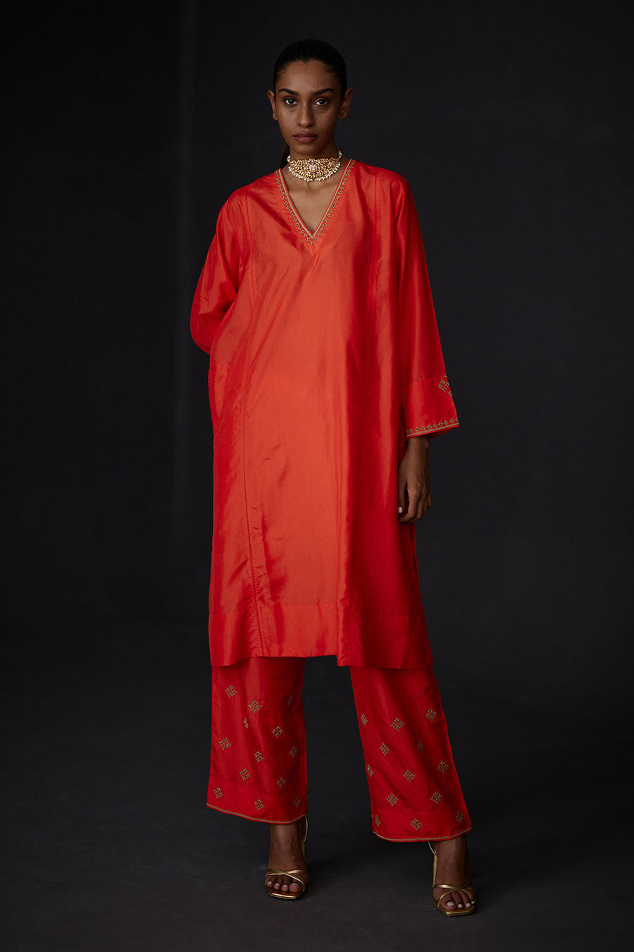 Scarlet Red Panelled Kurta & Embroidered Pant Set