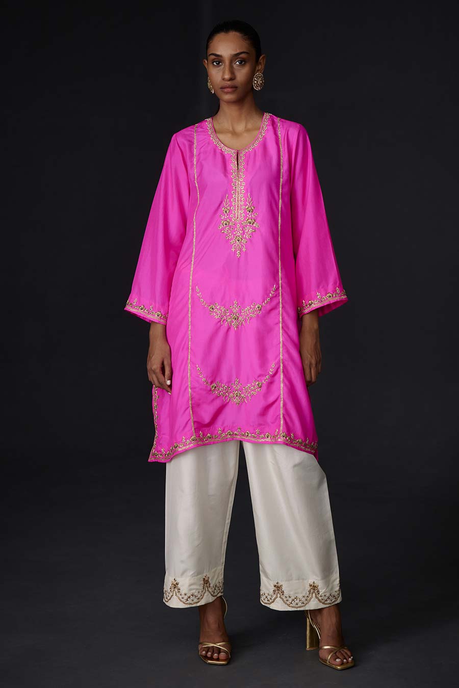 Pink Embroidered Kurta & White Pant Set