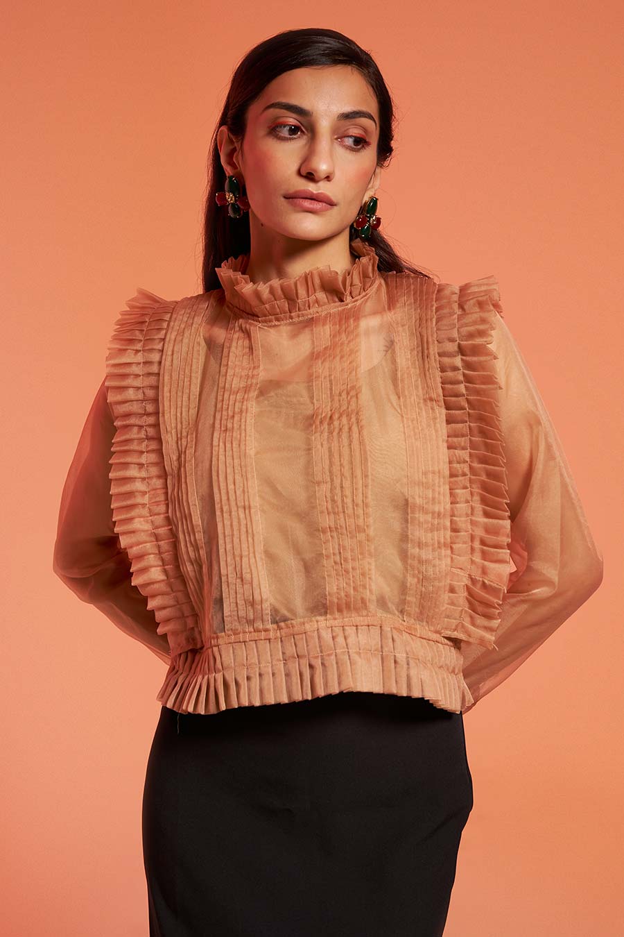 Beige Organza Pleated Top