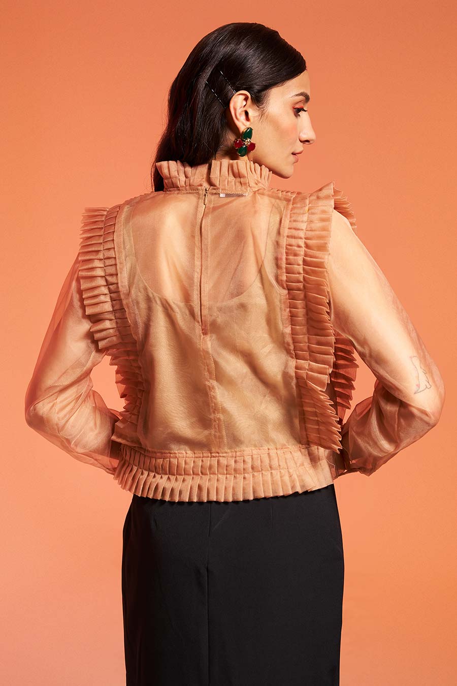 Beige Organza Pleated Top