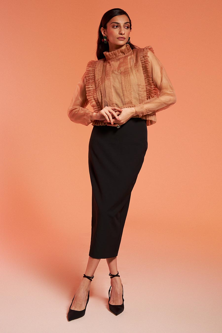 Beige Organza Pleated Top