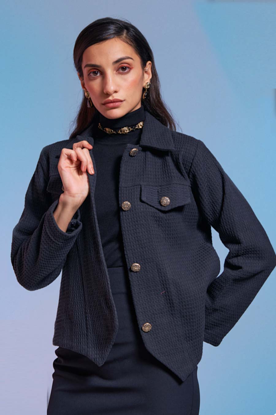 Black Textured Fitted Jacket