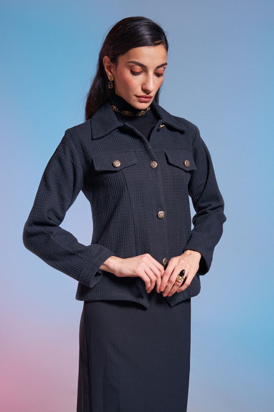 Black Textured Fitted Jacket