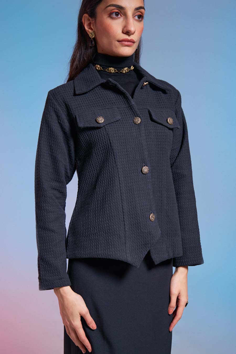 Black Textured Fitted Jacket