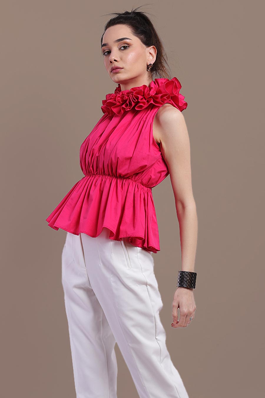 Pink High-Neck Ruffle Top