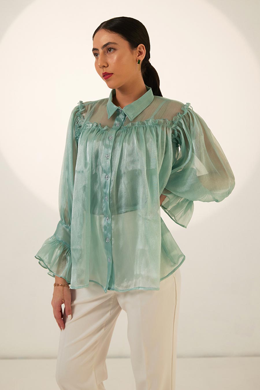 Green Organza Ruffle Top