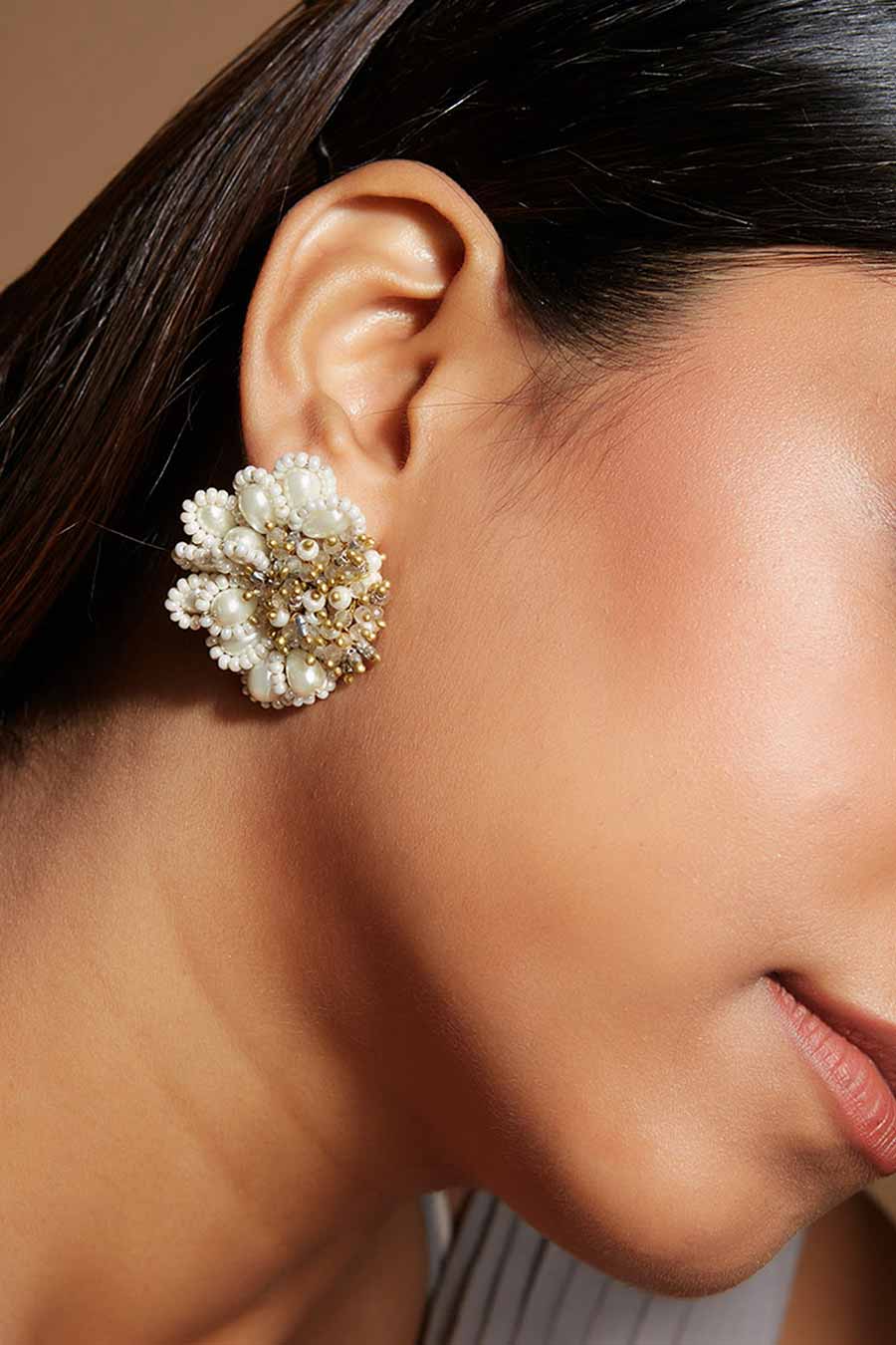 Shop White Pearl Stud Earrings by HOUSE OF D ORO at House of Designers HOUSE OF DESIGNERS