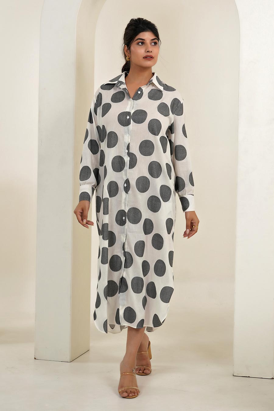 White Polka Long Shirt Dress