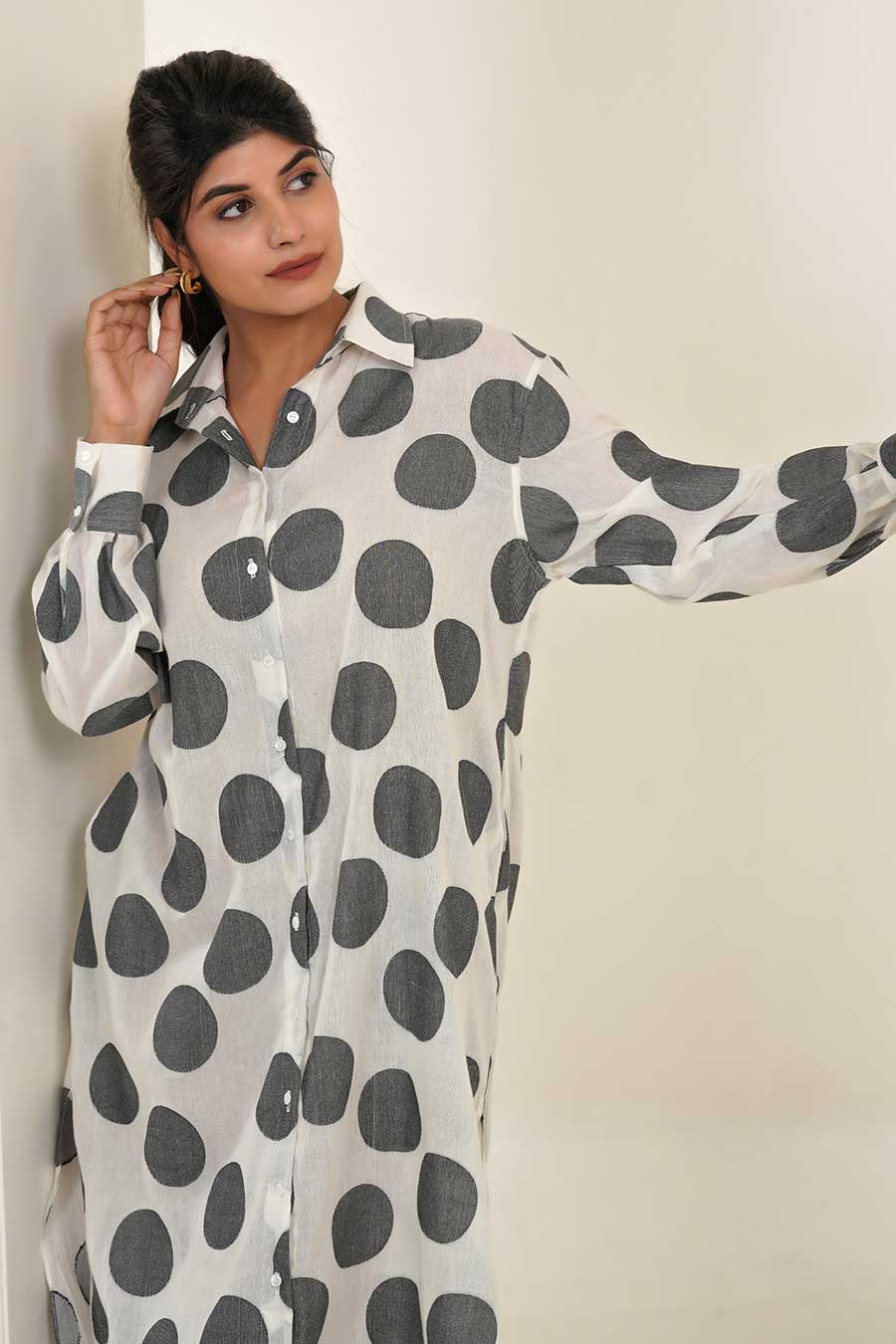 White Polka Long Shirt Dress