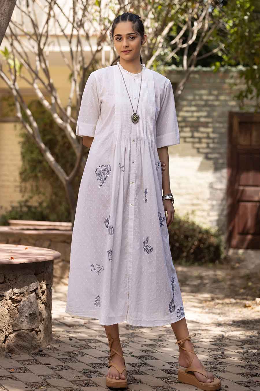 White Embroidered Pintuck Midi Dress