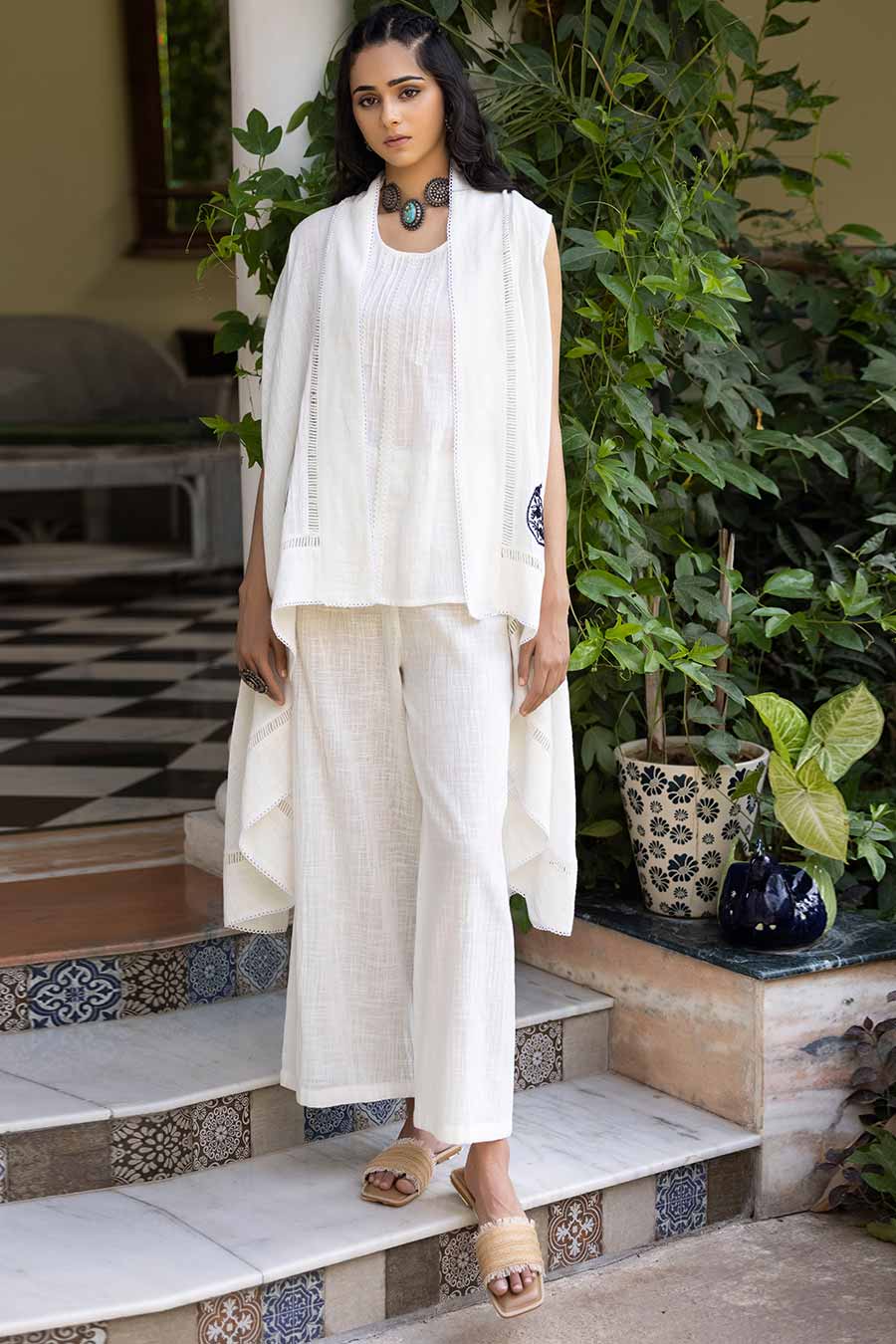 White Embroidered Top, Pant Shrug Co-Ord Set