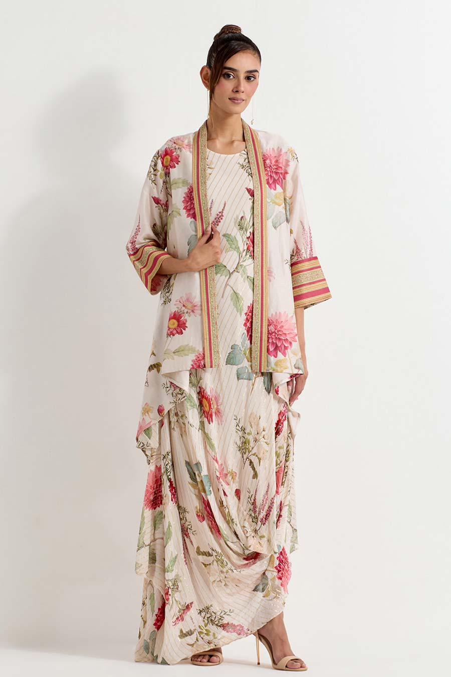 Daisy Printed Lurex Drape Dress With Jacket