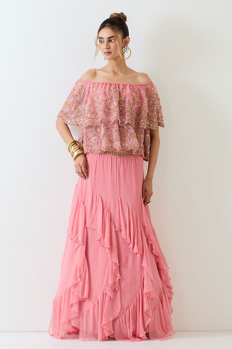 Shop Pink Embellished Cape Ruffle Skirt Set by KAVITA BHARTIA at