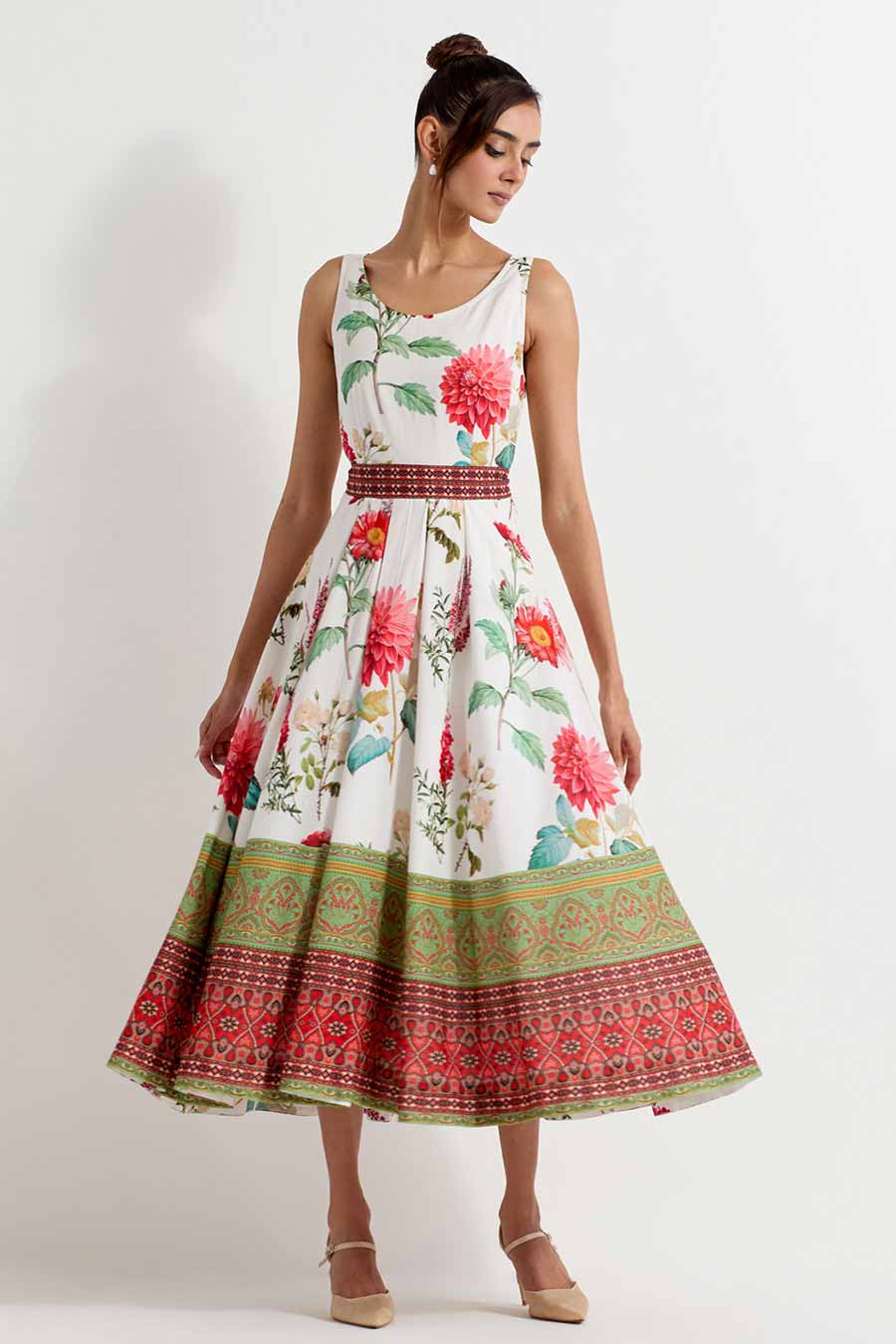 Daisy Printed Flared Midi Dress With Belt
