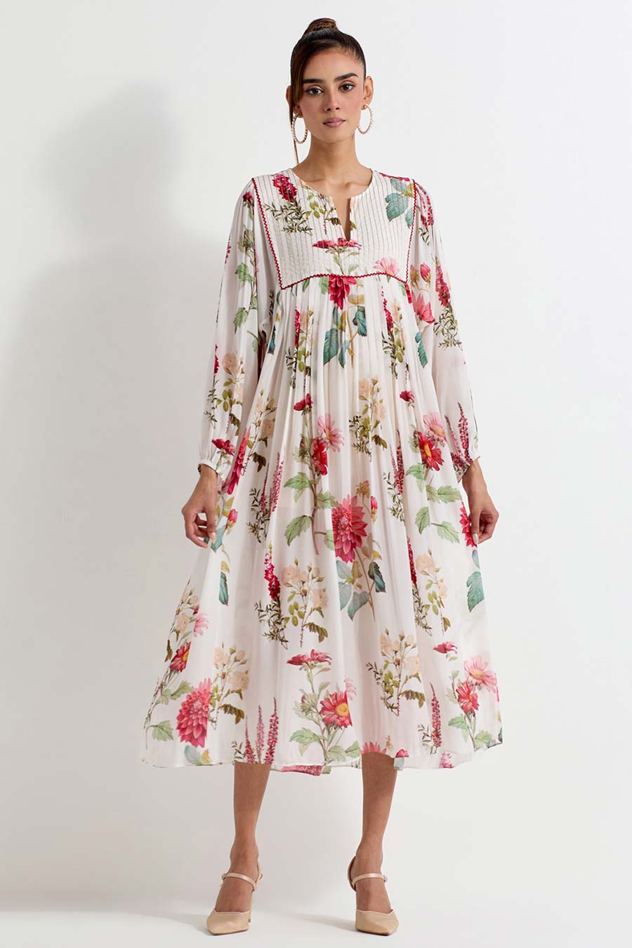 Daisy Printed Crepe Pleated Midi Dress
