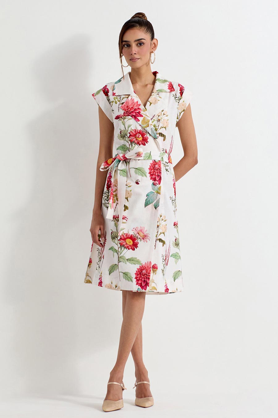 Daisy Printed Cotton Linen Wrap Dress With Belt