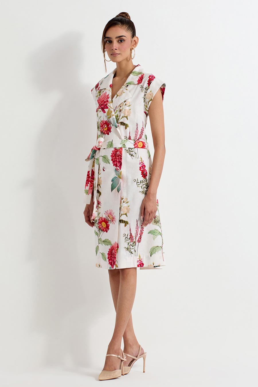 Daisy Printed Cotton Linen Wrap Dress With Belt