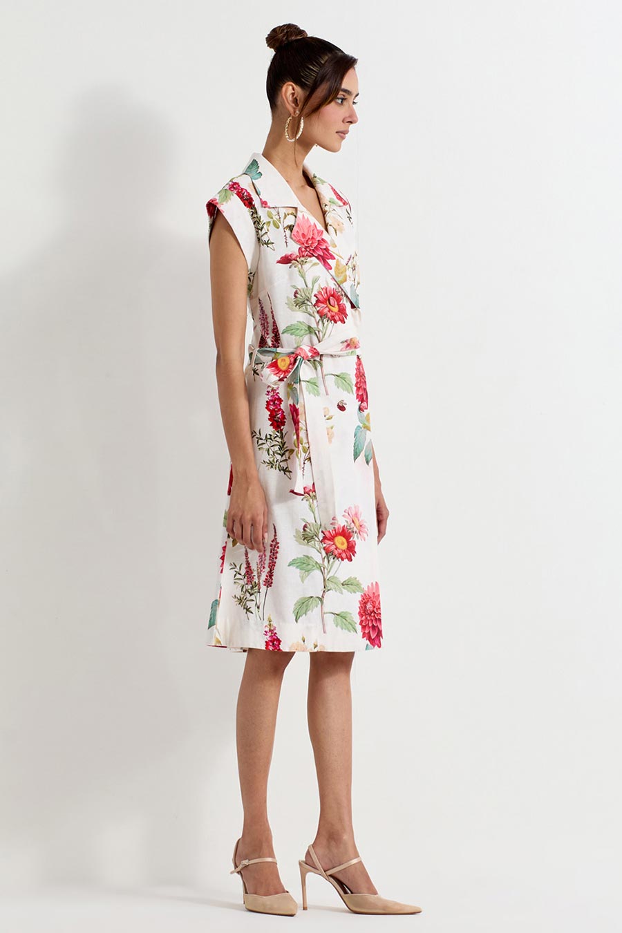 Daisy Printed Cotton Linen Wrap Dress With Belt