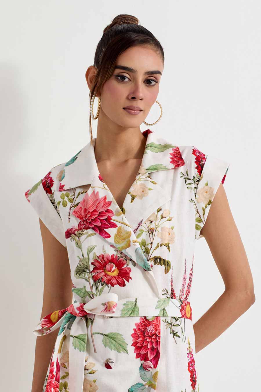 Daisy Printed Cotton Linen Wrap Dress With Belt