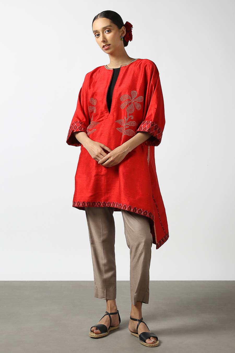 Red Embroidered Silk Kurta